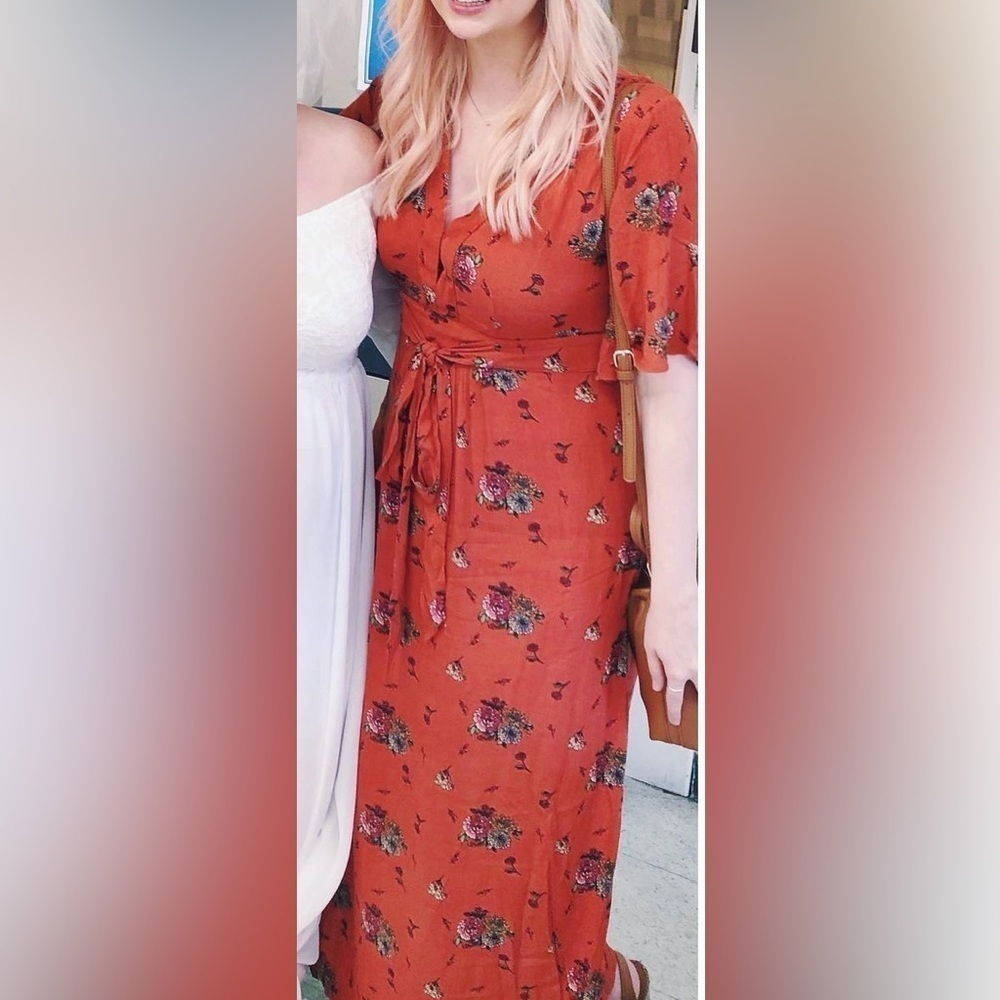 ASOS Large Orange Gauzey Deep V Maxi Dress